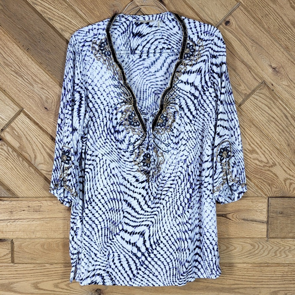 Soft Surroundings Tunic Top Women L Beaded V-Neck Rayon Abstract Purple White